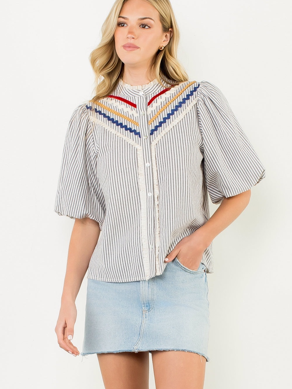 SALE! THML Striped Puff Sleeve Ruffle Bib Blouse - Navy, Red, Gold.